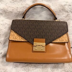 Michael Kors Signature Logo Top Handle Satchel in Brown and Tan